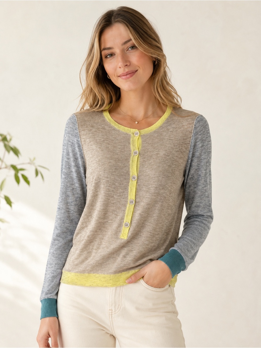 Zadig &‎ Voltaire Henley Sweater Womens S Tan Colorblock Wool Blend
